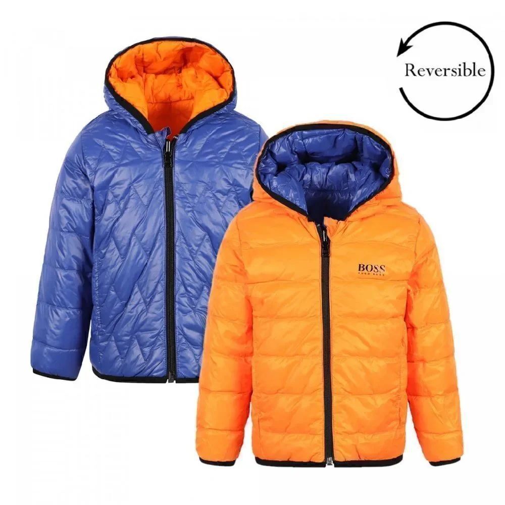 Hugo BOSS Reversible Down Padded Logo Jacket in Blue and Orange, 18 months